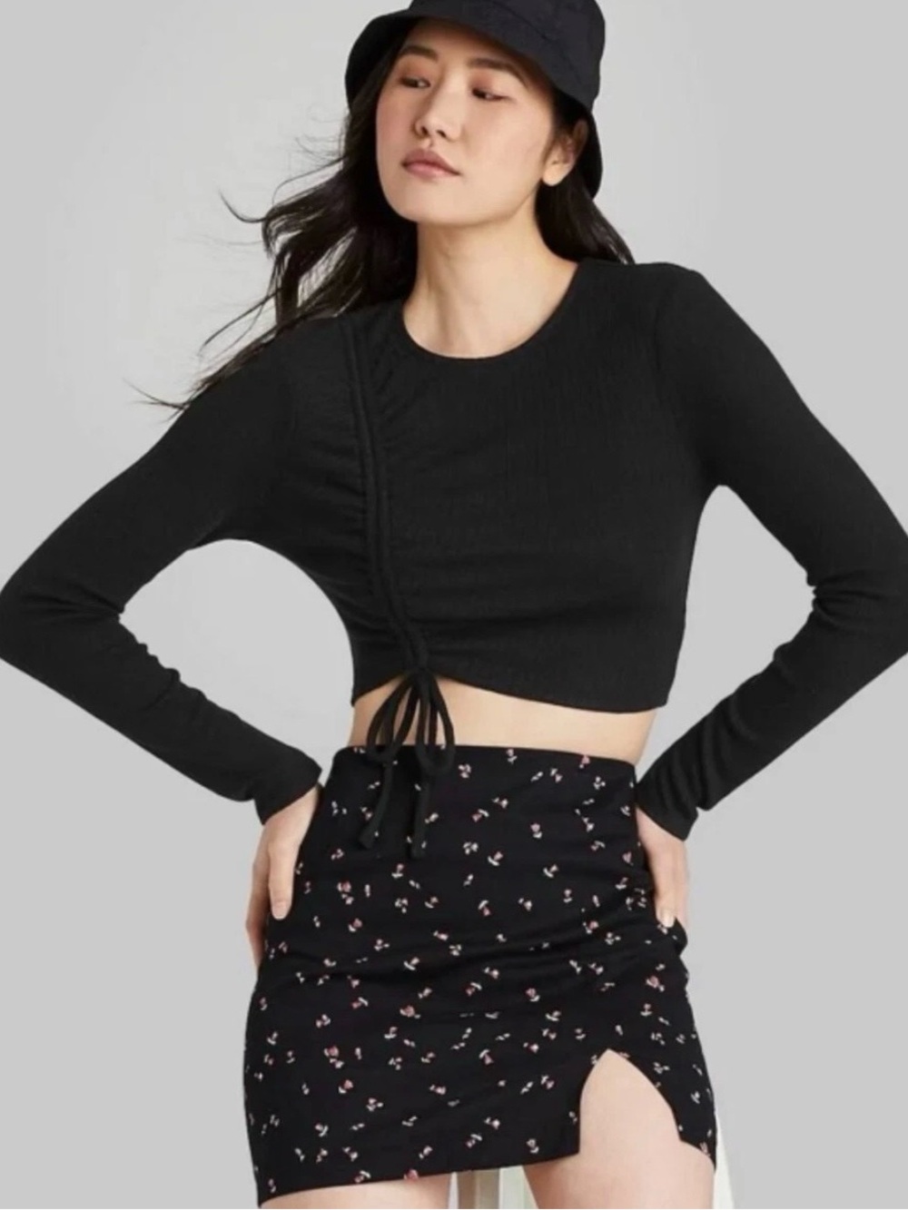 Wild Fable Women’s XS Black Ruched Ribbed Crop Top Drawstring Y2K
